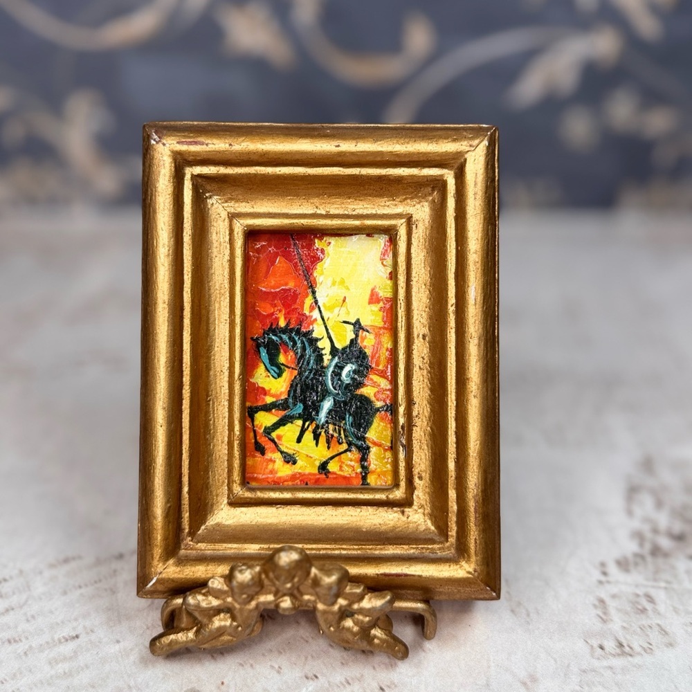 Miniature Framed Knight Painting Acrylic on Board Medieval Horse Art